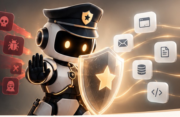 AI Police robot officer raising a hand beside a glowing shield, surrounded by threat icons and connected app icons